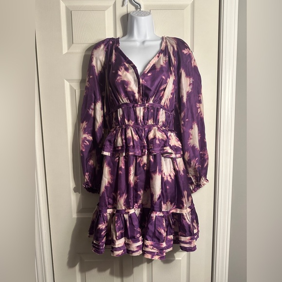 NWT Ulla Johnson Emery Silk Mini Dress.Silk purple tie dye size 2 pockets.